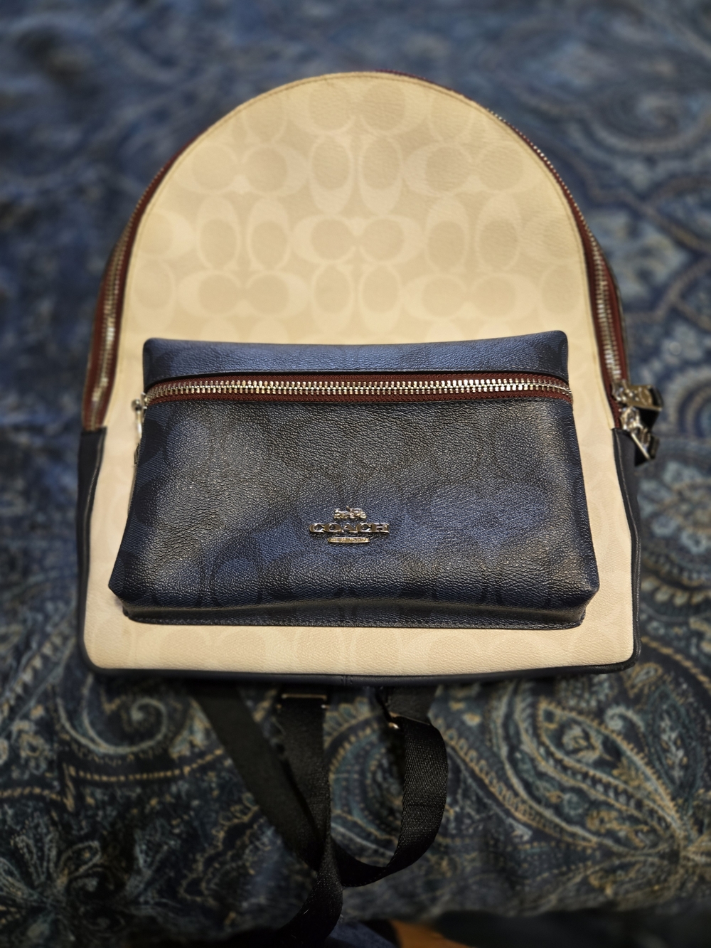 Like New, Coach Two-Tone Signature Backpack in Cream and Navy